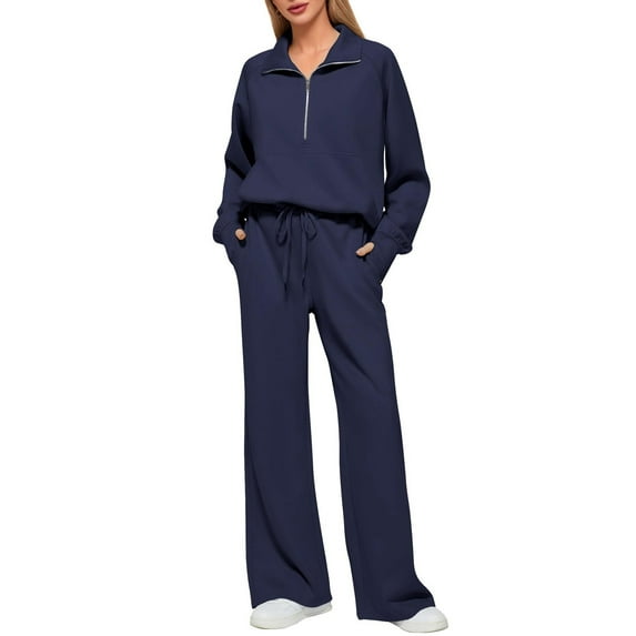 JYLFC Womens 2 Piece Outfits Set Lounge Hoodie Sweatsuit Sets Oversized Half Zip Sweatshirt Sweatpants with Pockets Navy Blue L