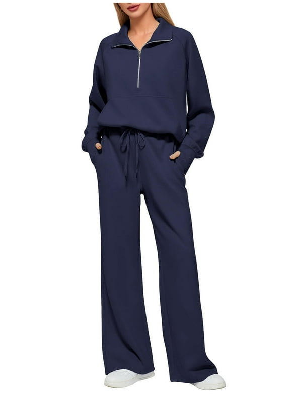 Womens 2 Piece Outfits Set Lounge Hoodie Sweatsuit Sets Oversized Half Zip Sweatshirt Sweatpants with Pockets Navy Blue XL