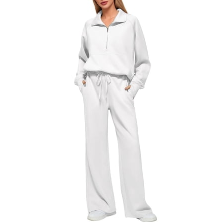 JYLFC Womens 2 Piece Outfits Set Lounge Hoodie Sweatsuit Sets Oversized Half Zip Sweatshirt Sweatpants with Pockets White 3XL