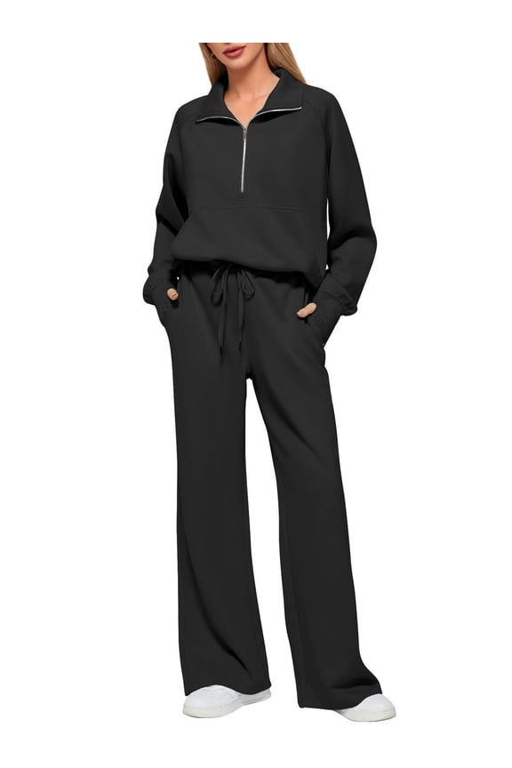 Womens 2 Piece Outfits Set Lounge Hoodie Sweatsuit Sets Oversized Half Zip Sweatshirt Sweatpants with Pockets Black XL