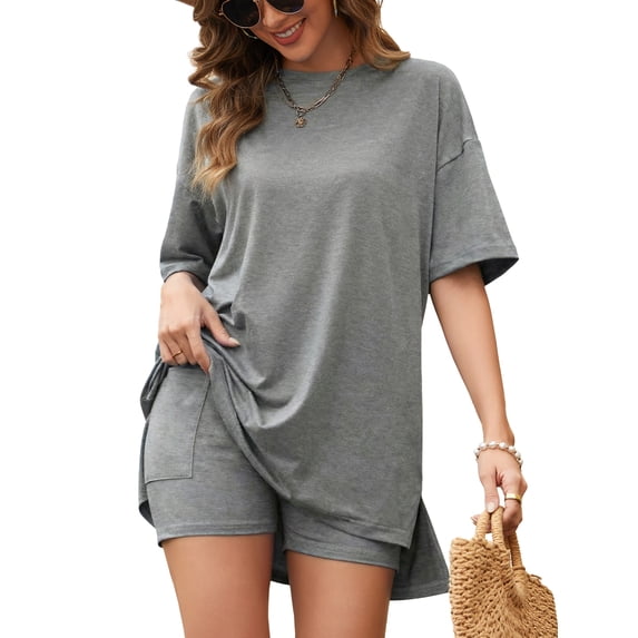 JYLFC Womens 2 Piece Sets Summer Outfits Lounge Set Oversized Tshirts Matching Biker Shorts,Gray XL
