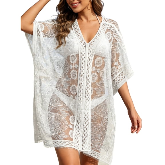 JYLFC Womens Beach Cover Up for Women V-Neck Swimsuit Hollow See Through Coverup Elegant Lace Stitching Bathing Suit with Tassels, White