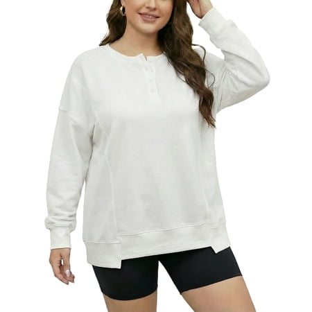 JYLFC Women Button Down Henley Heavyweight Sweatshirts Autumn Winter Cute Solid Color Patchwork Pullover White L