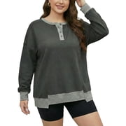 JYLFC Womens Sweatshirts Button Down Henley Color Block Patchwork Pullover Gray 2XL