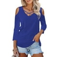 thumbnail image 1 of JYLFC Womens Cold Shoulder Criss Cross V Neck T-shirts 3/4 Sleeve Tops, Blue L, 1 of 3