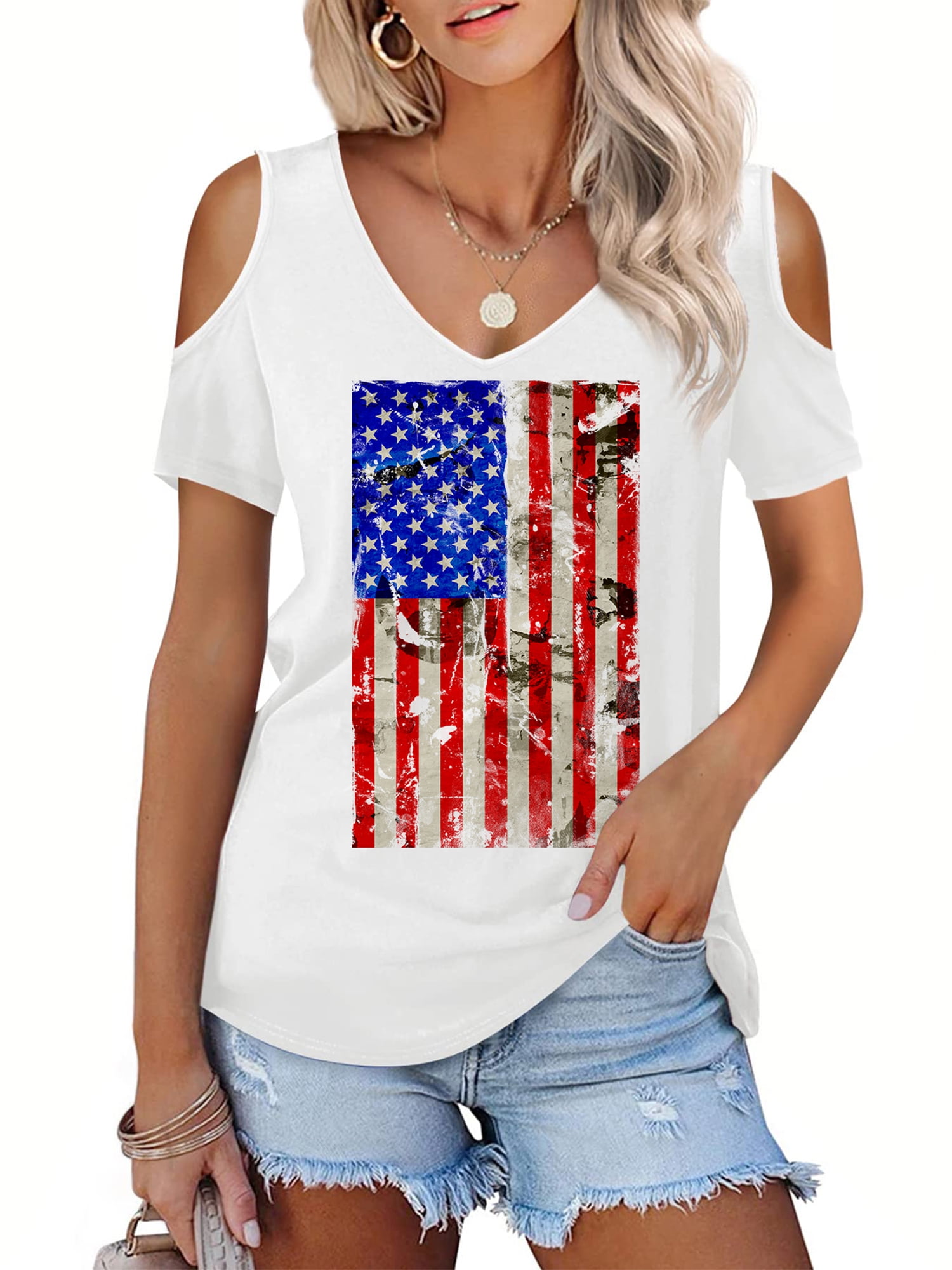 JYLFC Womens Cold Shoulder Independent Day Print T Shirts Summer V Neck ...