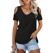 JYLFC Women T-Shirts Cold Shoulder Tropic Floral Print Short Sleeve Tee, Black 2XL