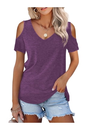 Womens Cold Shoulder T Shirts Summer V Neck Short Sleeve Tops, Purple L