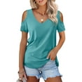 thumbnail image 1 of JYLFC Womens Cold Shoulder T Shirts Summer V Neck Short Sleeve Tops, Turquoise L, 1 of 3