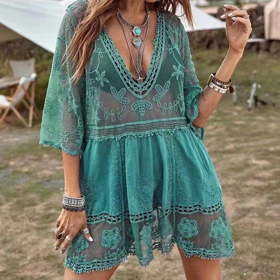 JYLFC Womens Lace Bathing Suit Cover Up V-Neck Swimsuit Coverups Loose Swimwear Beach Dress Beachwear, Green