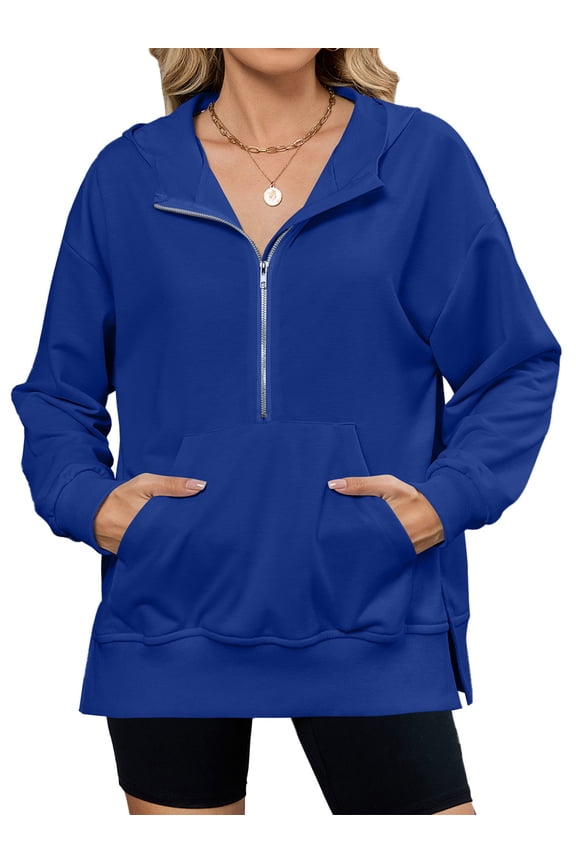 Womens Oversized Half Zip Hoodies Long Sleeve Casual Sweatshirts Loose Fall Pullover Tops with Pockets Blue,M
