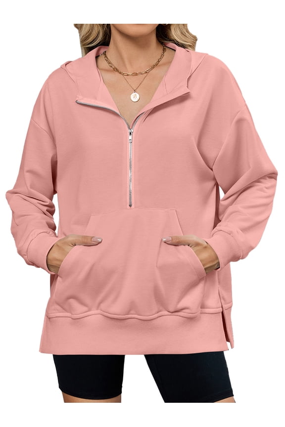 Womens Oversized Half Zip Hoodies Long Sleeve Casual Sweatshirts Loose Fall Pullover Tops with Pockets Pink,L