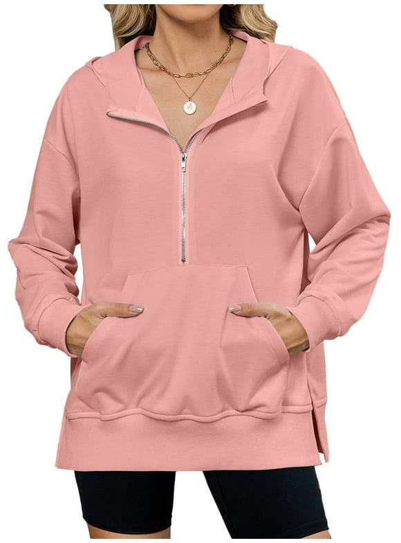 Womens Oversized Half Zip Hoodies Long Sleeve Casual Sweatshirts Loose Fall Pullover Tops with Pockets Pink,XL