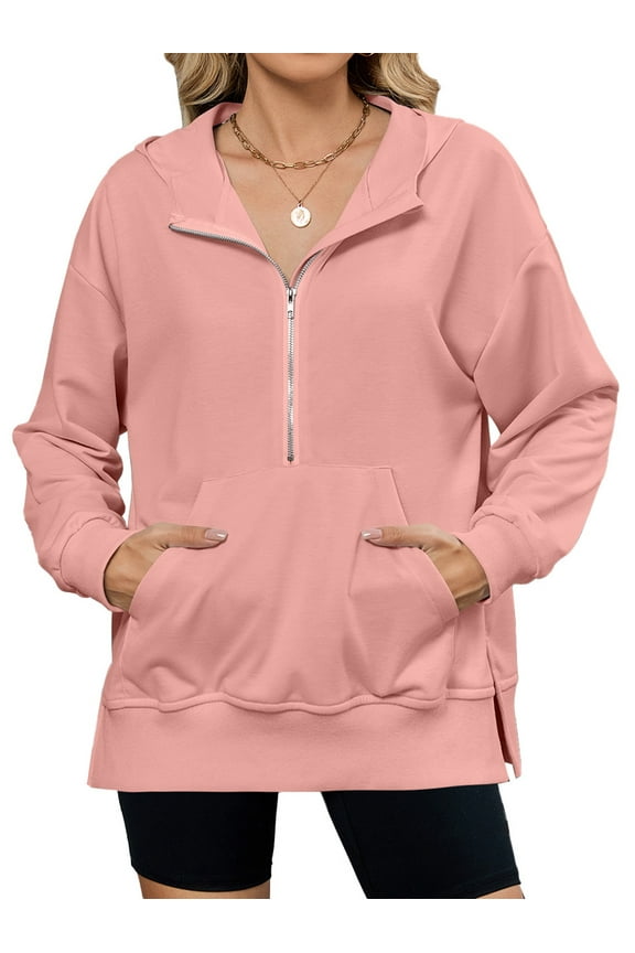 Womens Oversized Half Zip Hoodies Long Sleeve Casual Sweatshirts Loose Fall Pullover Tops with Pockets Pink,XL