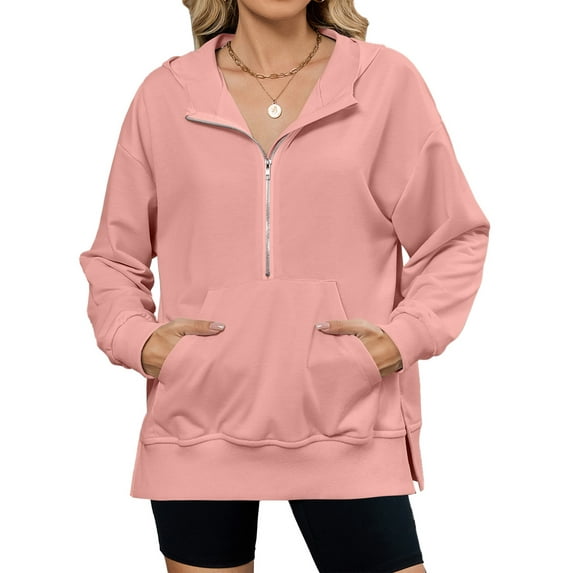 JYLFC Womens Oversized Half Zip Hoodies Long Sleeve Casual Sweatshirts Loose Fall Pullover Tops with Pockets Pink,XL