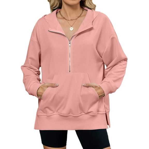 JYLFC Womens Oversized Half Zip Hoodies Long Sleeve Casual Sweatshirts Loose Fall Pullover Tops with Pockets Pink,XL