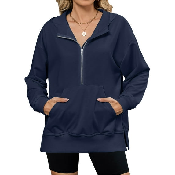 JYLFC Womens Oversized Hoodies Half Zip Sweatshirts Solid Casual Side Slits Pullover with Pockets, Navy Blue