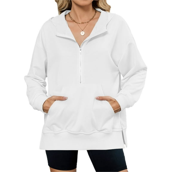 JYLFC Womens Oversized Hoodies Half Zip Sweatshirts Solid Casual Side Slits Pullover with Pockets, White
