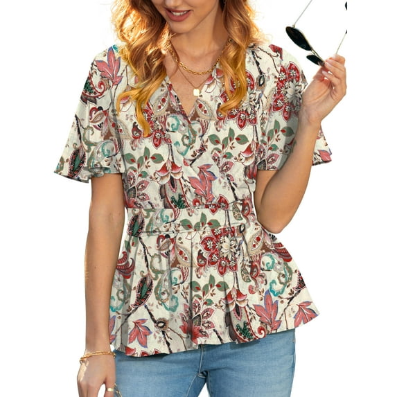 JYLFC Womens Peplum Tops V-Neck Short Sleeve Wrap Dressy Blouse Ruffle Hem, M