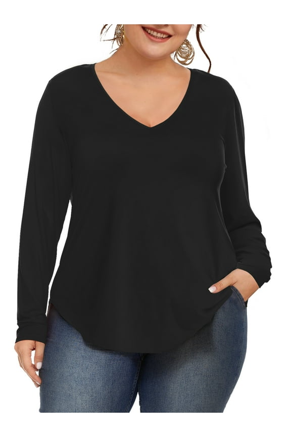 Womens Plus Size Shirts V Neck Long Sleeve Tee Solid Tops, Black 2XL