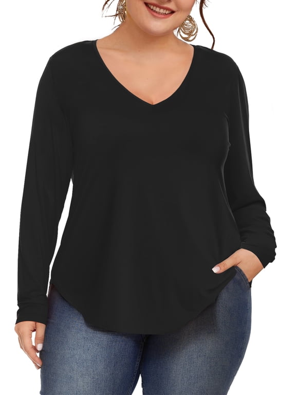 Womens Plus Size Shirts V Neck Long Sleeve Tee Solid Tops, Black 2XL
