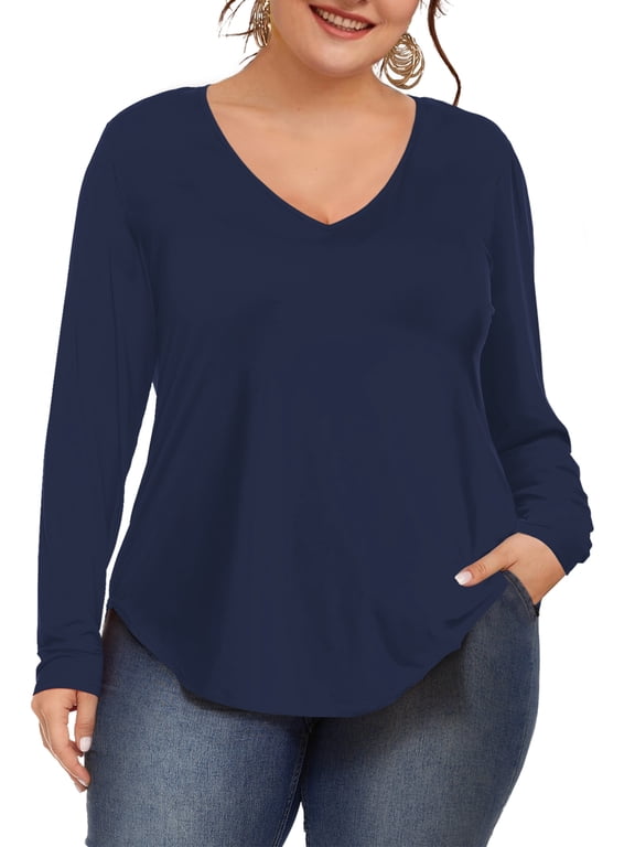 Womens Plus Size Shirts V Neck Long Sleeve Tee Solid Tops, Navy 2XL