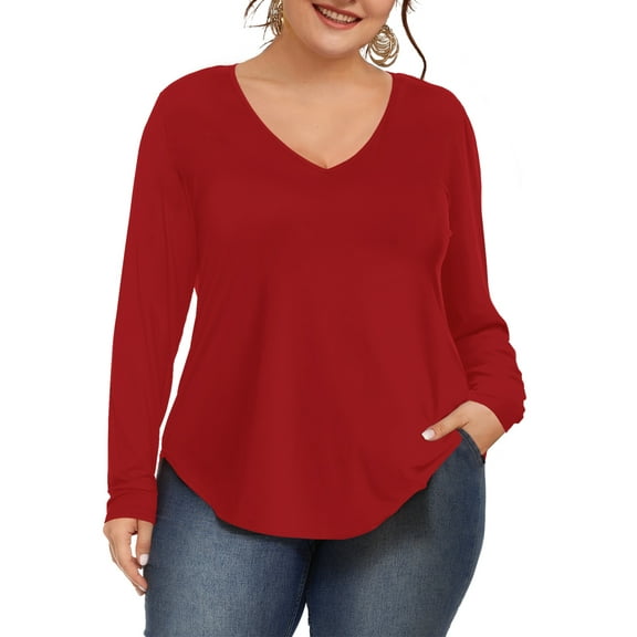 JYLFC Womens Plus Size Shirts V Neck Long Sleeve Tee Solid Tops, Red 2XL