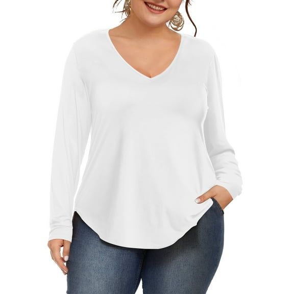 JYLFC Womens Plus Size Shirts V Neck Long Sleeve Tee Solid Tops, White 2XL