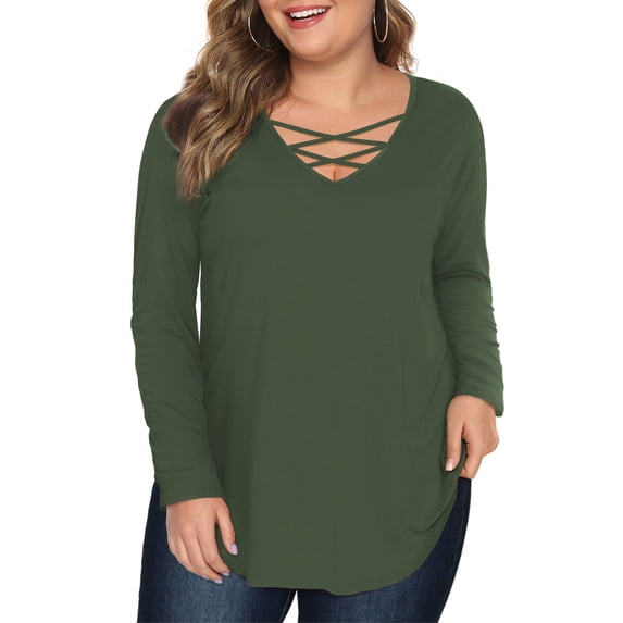 JYLFC Womens Plus Size T-shirts Criss Cross Neck Long Sleeve Shirts, Army Green 2XL