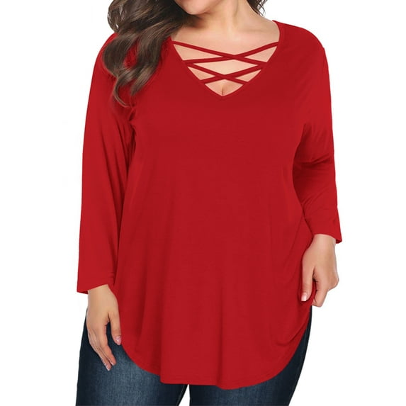 JYLFC Womens Plus Size T-shirts Criss Cross Neck Long Sleeve Shirts, Red 2XL