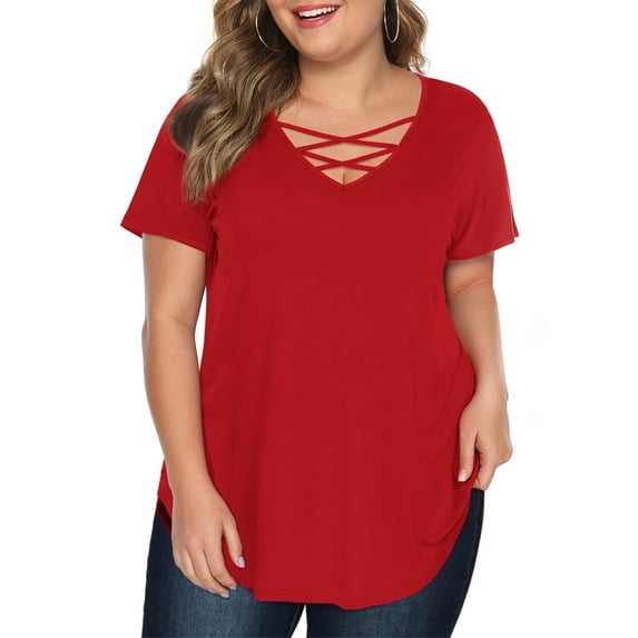 JYLFC Womens Plus Size T-shirts Criss Cross Neck Short Sleeve Summer Shirts, Red 2XL