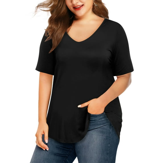 JYLFC Womens Plus Size T-shirts V Neck Short Sleeve Tee Summer Shirts, Black 2XL