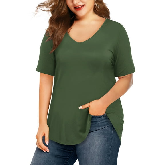 JYLFC Womens Plus Size T-shirts V Neck Short Sleeve Tee Summer Shirts, Green 2XL
