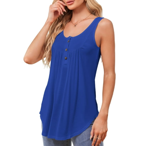 JYLFC Womens Plus Size Tank Tops Button V Neck Pleated Sleeveless Shirts, Blue 3XL