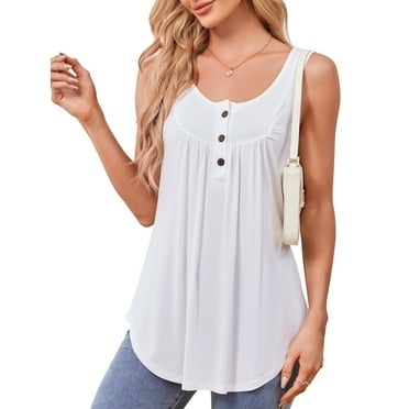 JYLFC Womens Plus Size Tank Tops Button V Neck Pleated Sleeveless Shirts, White 3XL