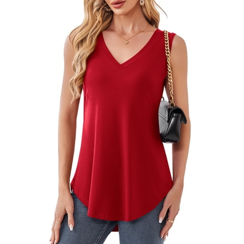 Womens Plus Size Tops V Neck Long Sleeveless Blouse, Burgundy 3XL