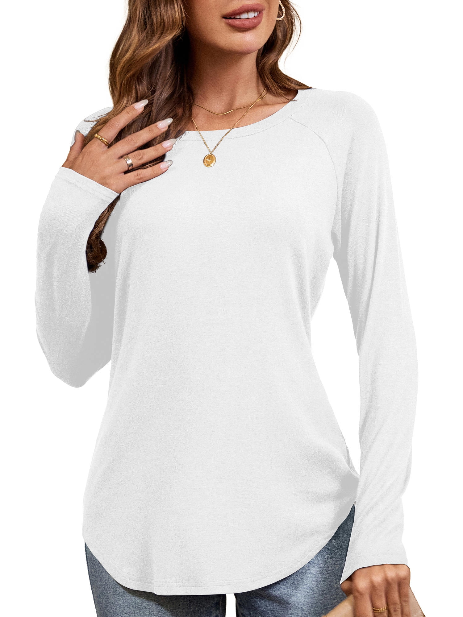 Womens Raglan Crew Neck T-Shirts Long Sleeve Tunic Tops, White L