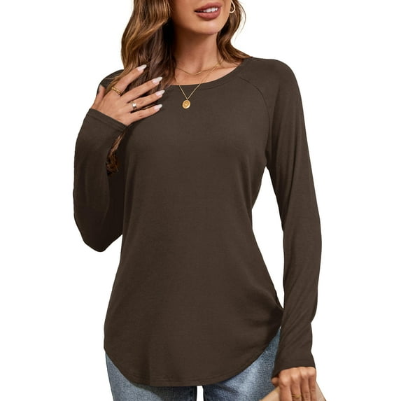 JYLFC Womens Raglan Round Neck T-Shirts Long Sleeve Tunic Tops, Brown L