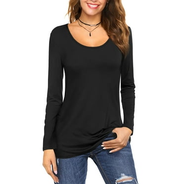 JYLFC Womens Round Neck T-shirts Casual Long Sleeve Tunic Cotton Shirts, Black M