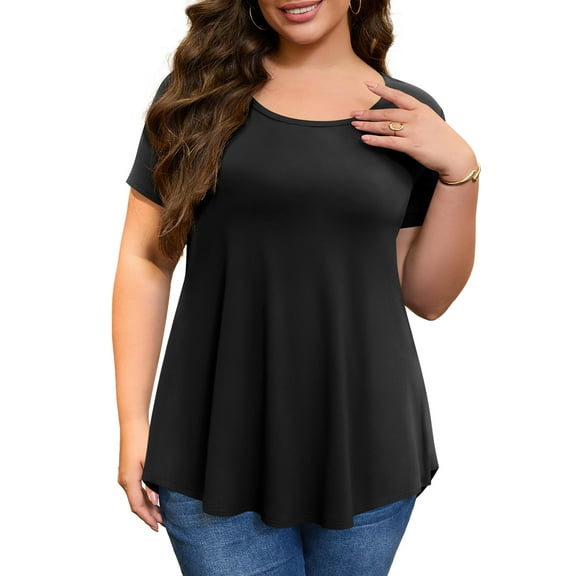JYLFC Womens Round Neck Tunic Shirts Short Sleeve Tops, Black L