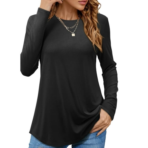 JYLFC Womens Crew Neck Tunic T-Shirts Long Shirts Long Sleeve Tops, Black L
