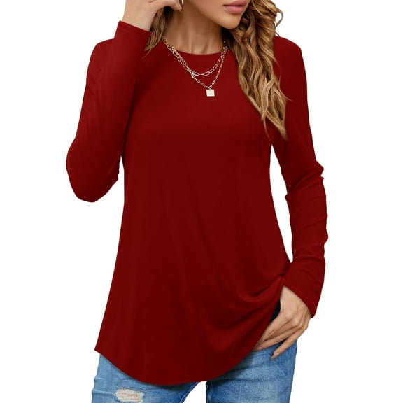 JYLFC Womens Crew Neck Tunic T-Shirts Long Shirts Long Sleeve Tops, Claret L