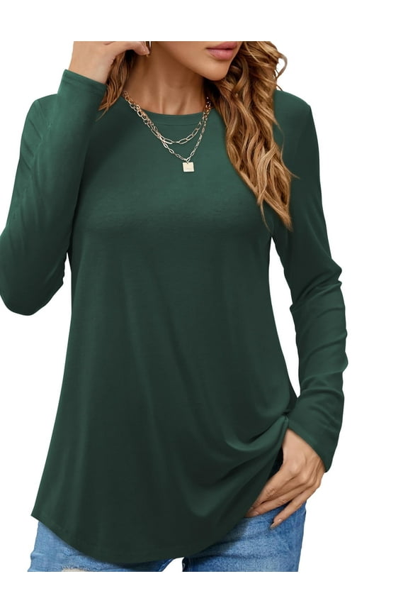 Womens Crew Neck Tunic T-Shirts Long Shirts Long Sleeve Tops, Green L