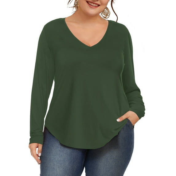 JYLFC Womens Shirts Long Sleeve Plus Size V Neck Casual Tee Shirts, Green 5XL