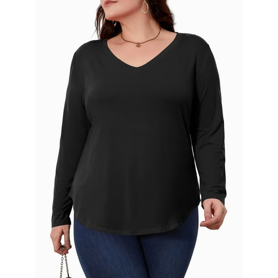 JYLFC Womens Plus Size Shirts Long Sleeve V Neck Loose Casual Basic Tops, Black 5XL