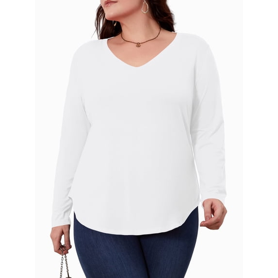 JYLFC Womens Plus Size Shirts Long Sleeve V Neck Loose Casual Basic Tops, White XL