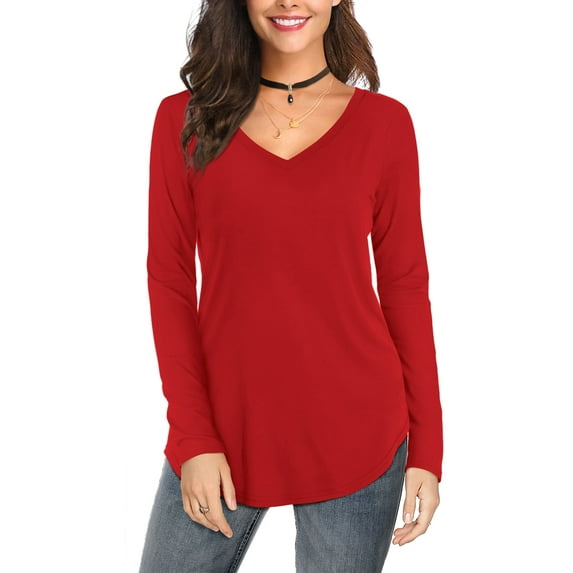 JYLFC Womens Plus Size Shirts Long Sleeve V Neck Loose Casual Basic Tops with Curved Hem, Red 2XL