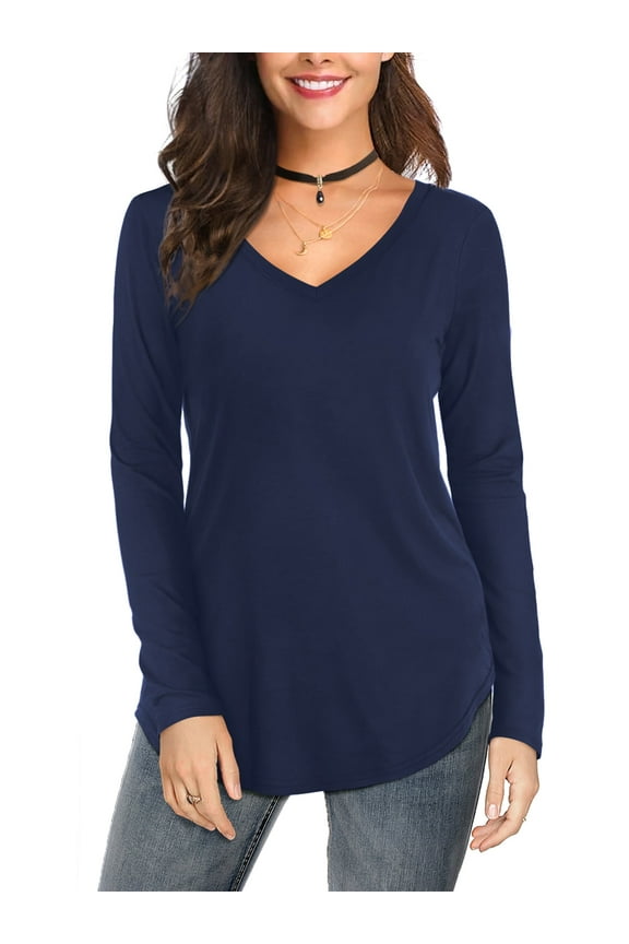 Womens Plus Size Shirts Long Sleeve V Neck Loose Casual Curved Hem Tops, Navy 2XL