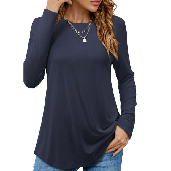 JYLFC Womens Shirts Round Neck Long Tops Long Sleeve T-shirts, Navy M