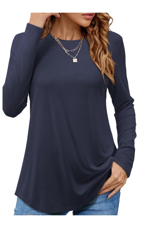 Womens Shirts Round Neck Long Tops Long Sleeve T-shirts, Navy M
